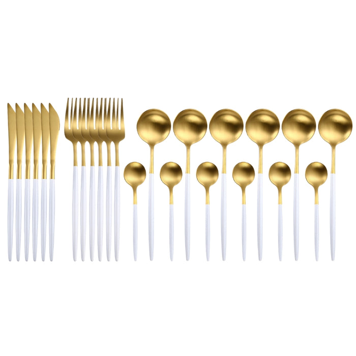 Gold and White 24-Piece Dinnerware Cutlery Set | Flatware Sets | Metallic Cutlery Sets | White And Gold Cutlery | Stylish Cutlery | Modern Flatware | Elegant Flatware | Estilo Living