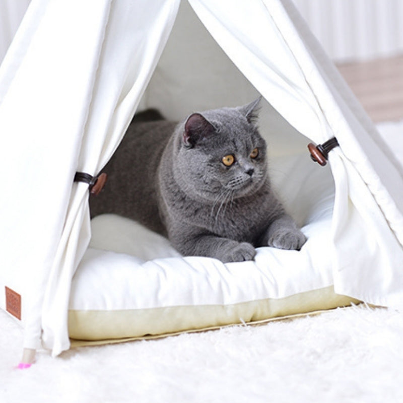 White Canvas Cat Teepee with Soft Cat Bed Cushion Estilo Living