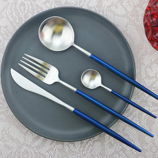 Silver and Blue 24-Piece Dinnerware Cutlery Set | Flatware Sets | Metallic Cutlery Sets | Silver And Blue Cutlery | Stylish Cutlery | Modern Flatware | Elegant Flatware | Estilo Living
