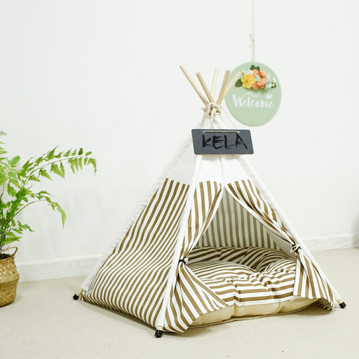Vermont Striped Dog Teepee with Plush Dog Bed Cushion | Dog Tent | Dog Teepee | Cat Teepee | Cat Tent | Brown and White Dog Teepee | Striped Dog Teepee | Stylish Dog Teepees | Best Dog Teepees | Estilo Living