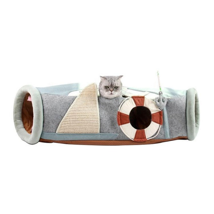 Ships Ahoy Cat Tunnel with Cat Scratch Pad | Cat Toys | Cat Entertainment | Collapsible Cat Tunnel | Cute Cat Tunnels | Boat Cat Tunnel | Stylish Cat Tunnel | Fun Cat Tunnel | Adventure Cat Tunnels | Estilo Living  
