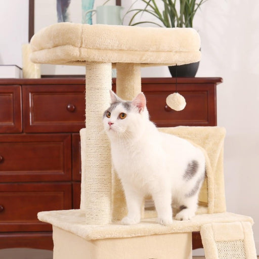 Cute cat sitting on the Cat Condo Climbing Cat Tree with Scratching Posts in Beige color from Estilo Living, Buy Cat Climbing Tree with Cat Scratching Post Online Now!