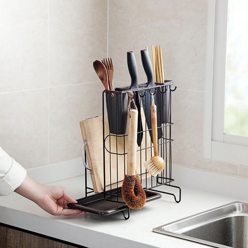 Kitchen Knife Rack And Cutting Board Holder With Utensil Drying Rack And  Hanging Hooks