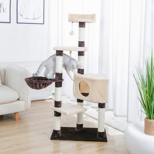 Cute cat using the Cat Nest Tower Climbing Cat Tree with Scratching Posts in Beige & Brown color, Buy Cat Tree with Scratching Posts Online Now from Estilo Living