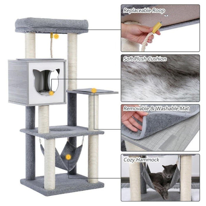 Description of features on the Cat Condo Climbing Cat Tree with Cat Hammock, Buy Cat Tower Online Now from Estilo Living