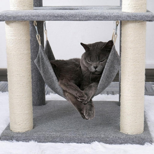 Cute cat laying in Cat Hammock on the Cat Condo Climbing Cat Tree with Cat Hammock, Buy Cat Tower Online Now from Estilo Living