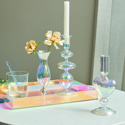 Clear Iridescent Rainbow Glass Taper Candle Holders & Vases | Home Decor | Rainbow Glass Candle Holders | Decor Feature Pieces | Decorative Ornaments | Rainbow Colored Glass | Rainbow Vases | Glass Decor | Estilo Living