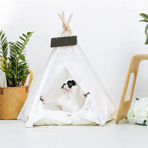 White Lace Boho Dog Teepee with Plush Dog Bed | Dog Tent | Cat Teepee | Dog Teepee | Dog Tipi | Boho Dog Beds | Best Dog Beds | Estilo Living