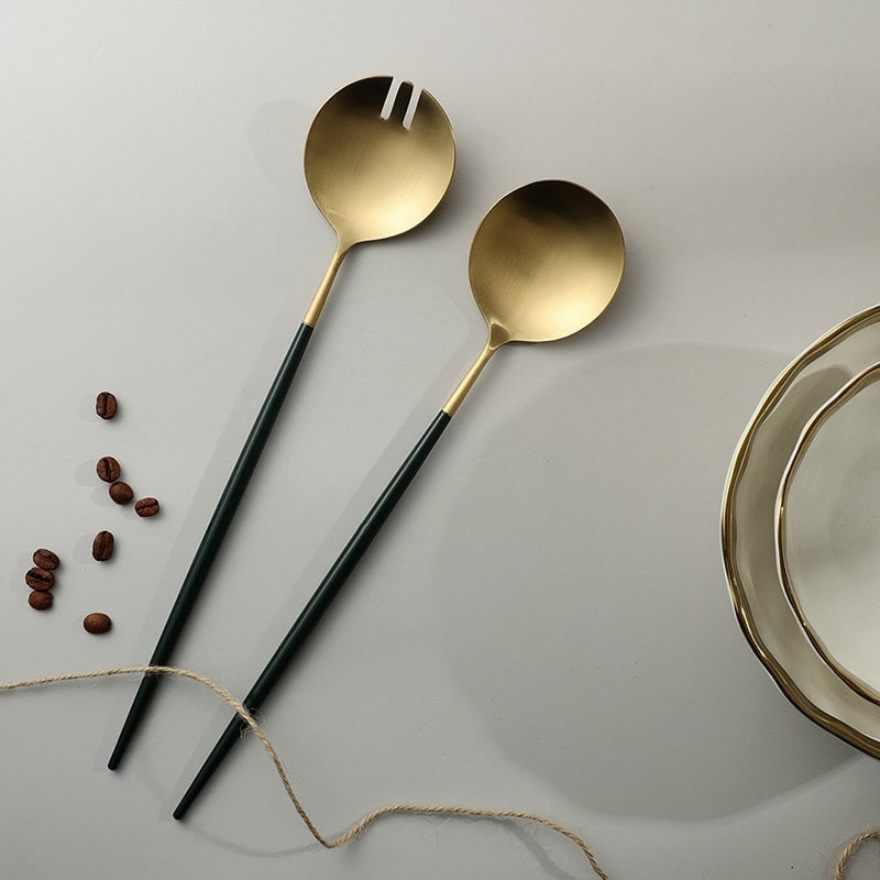 Black and Gold Salad Servers and Serving Utensils Set | Serveware | Serveware Sets | Salad Server | Salad Servers | Salad Servers Set | Gold Salad Servers | Silver Salad Servers | Black Salad Servers | Estilo Living