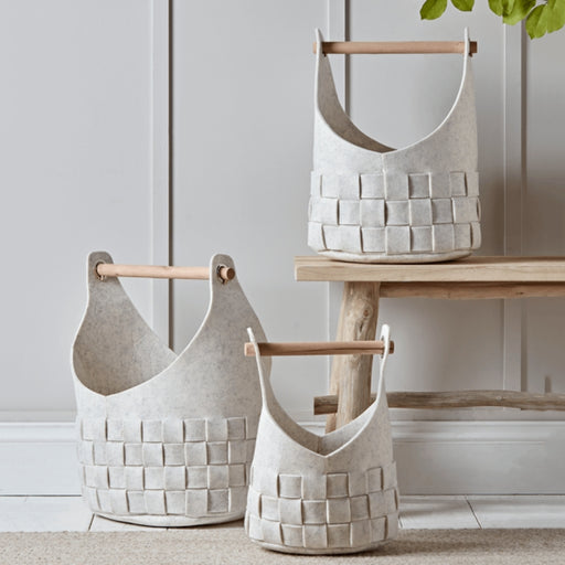 French Braided Felt Storage Baskets with Wood Handles | Storage Basket | Felt Basket | Felt Storage | Foldable Basket | Desktop Basket | Book Basket | Sundry Basket | Stylish Basket | Storage Solutions | Handy Storage | Estilo Living