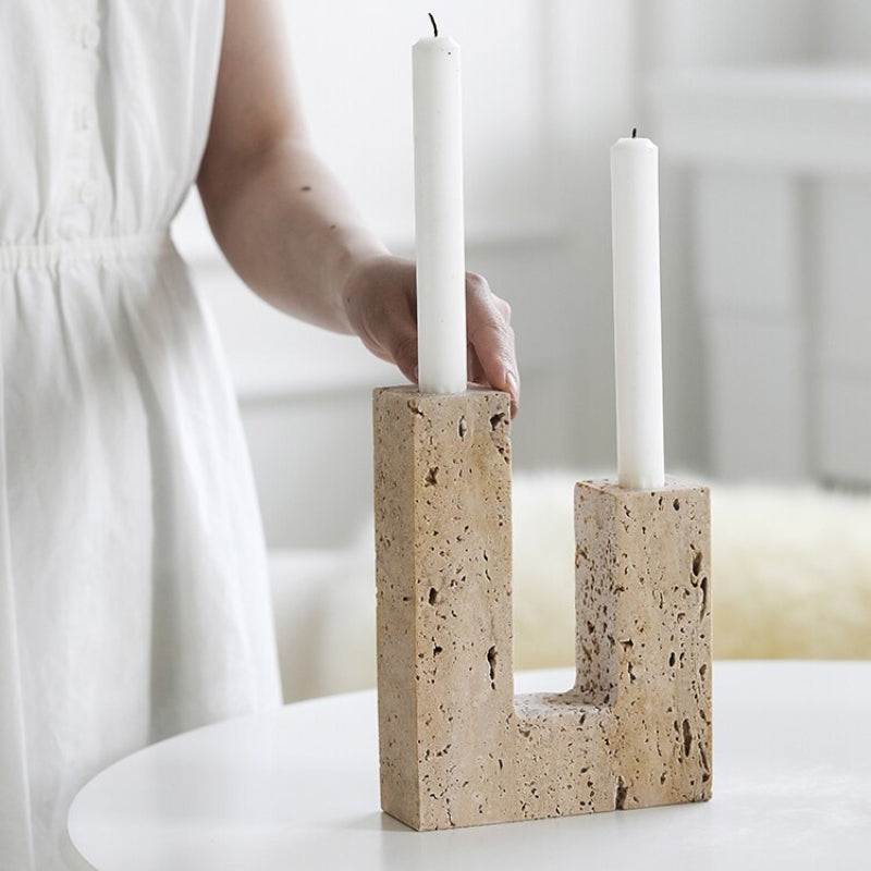 Abstract Dual Travertine Taper Candlestick Holder | Marble Candle Holder | Travertine Decor | Travertine Candle Holder | Dual Candle Holder | Stone Candle Holder | Estilo Living