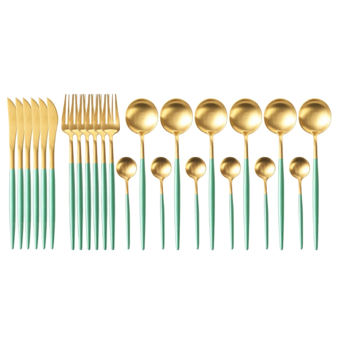Matte Gold and Turquoise 24-Piece Flatware Cutlery Set