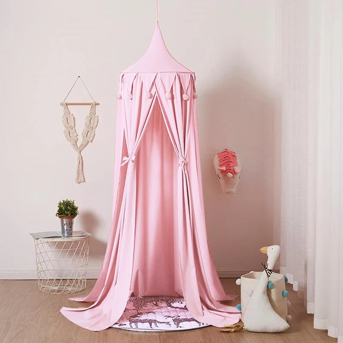 Sleeptime Circular Baby Pink Nursery Canopy | Nursery Canopy | Kids Bedroom Canopy | Boho Canopy | Pom Poms Canopy Nursery | Over the Crib Canopies | Cute Kids Decor | Estilo Living