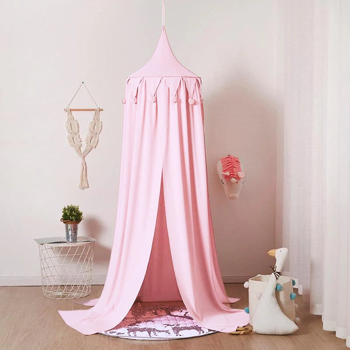 Sleeptime Circular Baby Pink Nursery Canopy | Nursery Canopy | Kids Bedroom Canopy | Boho Canopy | Pom Poms Canopy Nursery | Over the Crib Canopies | Cute Kids Decor | Estilo Living