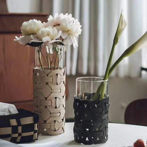 Tia Black Leather Abstract Cylinder Glass Vase | Pampas Grass Vase | Dried Flower Vase | Cylinder Vase | Glass Vases | Decorative Vase | Display Vase | Best Vases | Flower Vase | Tall Vase | Short Vase | Estilo Living