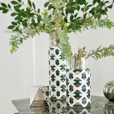 Tia Green and White Leather Abstract Cylinder Glass Vase | Pampas Grass Vase | Dried Flower Vase | Cylinder Vase | Glass Vases | Decorative Vase | Display Vase | Best Vases | Flower Vase | Tall Vase | Short Vase | Estilo Living
