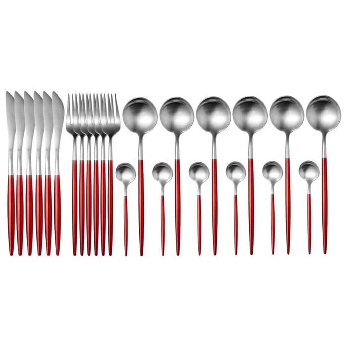 Silver and Red 24-Piece Dinnerware Cutlery Set | Flatware Sets | Metallic Cutlery Sets | Mint And Gold Cutlery | Stylish Cutlery | Modern Flatware | Elegant Flatware | Estilo Living