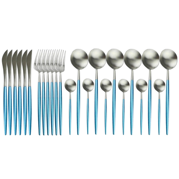 Silver and Sky Blue 24-Piece Dinnerware Cutlery Set | Flatware Sets | Metallic Cutlery Sets | Silver And Sky Blue Cutlery | Stylish Cutlery | Modern Flatware | Elegant Flatware | Estilo Living