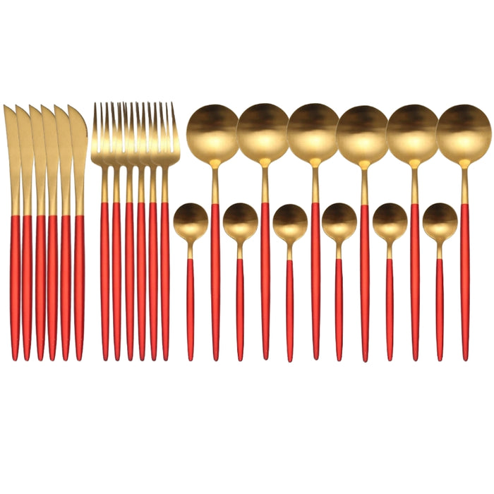 Matte Gold and Red 24-Piece Flatware Cutlery Set