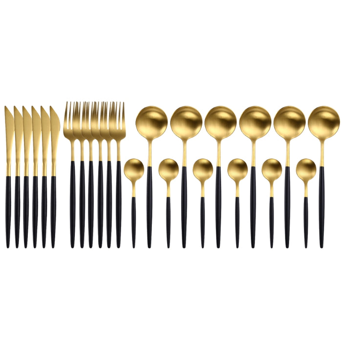 Gold and Black 24-Piece Dinnerware Cutlery Set | Flatware Sets | Metallic Cutlery Sets | Mint And Gold Cutlery | Stylish Cutlery | Modern Flatware | Elegant Flatware | Estilo Living