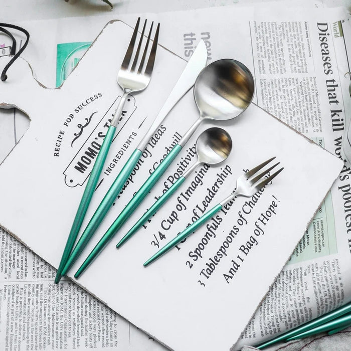 Silver and Turquoise 24-Piece Dinnerware Cutlery Set | Flatware Sets | Metallic Cutlery Sets | Mint And Gold Cutlery | Stylish Cutlery | Modern Flatware | Elegant Flatware | Estilo Living
