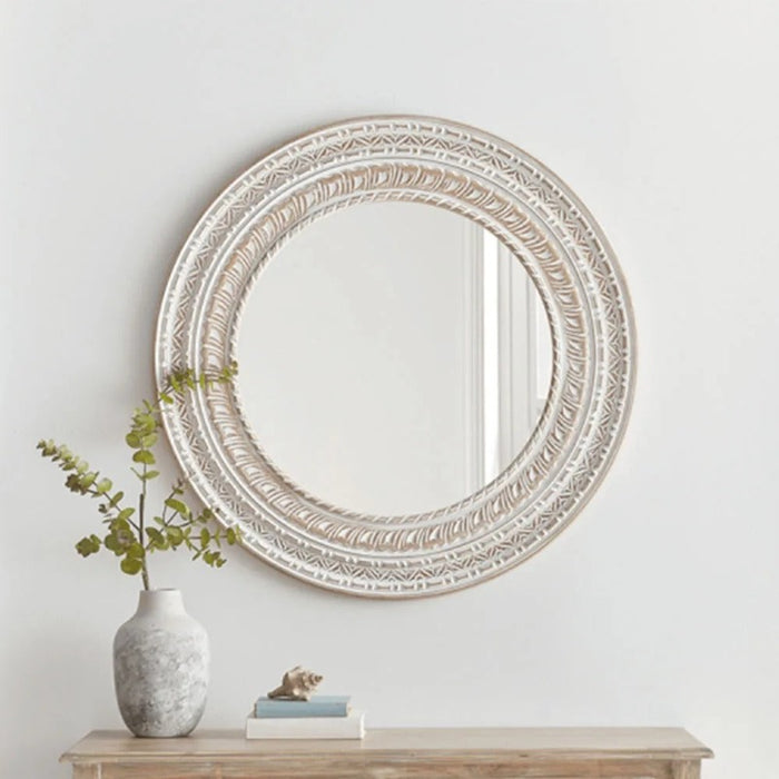 Aiyana Wood Carved Decorative Round Wall Mirror | Decorative Mirrors | Hallway Mirrors | Entryway Mirrors | Wood Carved Mirrors | White Washed Mirrors | Coastal Mirrors | Boho Mirrors | Estilo Living