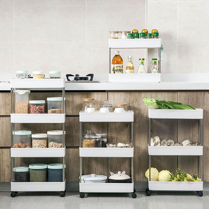 White Mobile Trolley Shelves Organizer for Kitchen Storage and Food Pantry Storage by Estilo Living