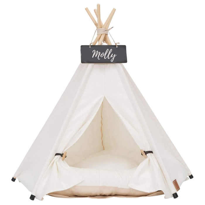 Ivory Cream Canvas Modern Boho Dog Teepee with Plush Dog Bed Cushion