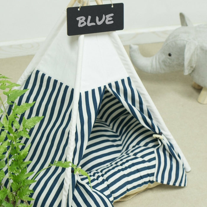 Coastal Dog Teepee with Plush Dog Bed Cushion | Dog Tent | Dog Teepee | Pet Tent | Pet Teepee | Blue and White Dog Teepee | Blue and White Cat Teepee | Cat Teepee | Cat Tent | Estilo Living