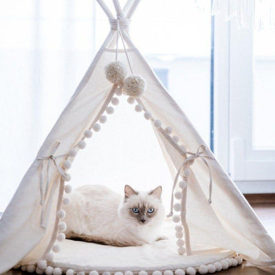 Ivory Boho Pompom Cat Teepee | Cat Tents | Boho Cat Teepees | Boho Cat Beds | Stylish Cat Teepees | Estilo Living