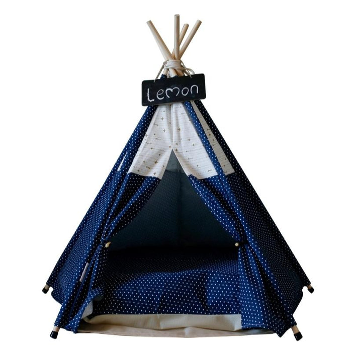 Navy Blue with White Dots Canvas Cotton Modern Boho Cat Teepee with Plush Cat Bed Cushion, from Pet Teepees and Pet Accessories Collection, at Estilo Living