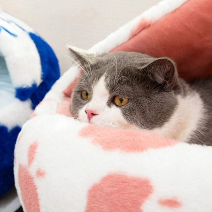 Cow Patch Round Plush Calming Cat Cave Bed | Cat Beds | Pet Beds | Round Cat Beds | Plush Cat Beds | Cat Nests | Cat Caves | Cat Cushion Beds | Estilo Living