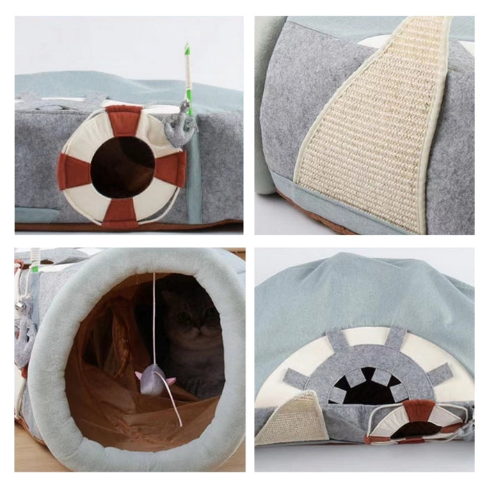 Ships Ahoy Cat Tunnel with Cat Scratch Pad | Cat Toys | Cat Entertainment | Collapsible Cat Tunnel | Cute Cat Tunnels | Boat Cat Tunnel | Stylish Cat Tunnel | Fun Cat Tunnel | Adventure Cat Tunnels | Estilo Living  