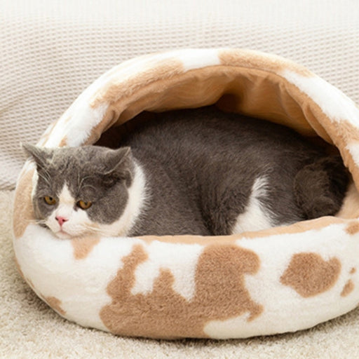 Cow Patch Round Plush Calming Cat Cave Bed | Cat Beds | Pet Beds | Round Cat Beds | Plush Cat Beds | Cat Nests | Cat Caves | Cat Cushion Beds | Estilo Living