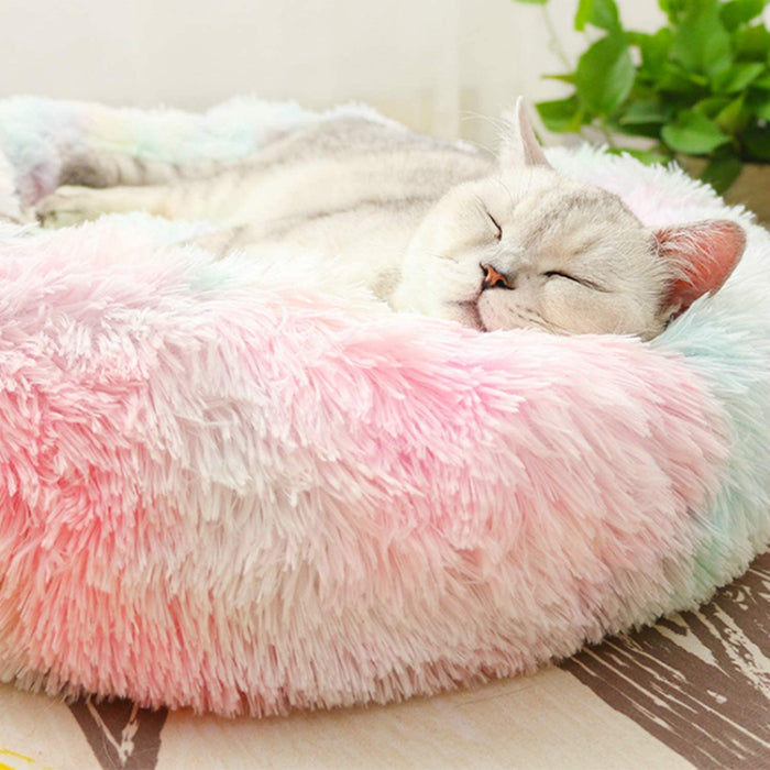 Round Rainbow Extra Plush Calming Donut Cat Bed