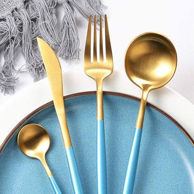 Gold and Sky Blue 24-Piece Dinnerware Cutlery Set | Flatware Sets | Metallic Cutlery Sets | Sky Blue And Gold Cutlery | Stylish Cutlery | Modern Flatware | Elegant Flatware | Estilo Living