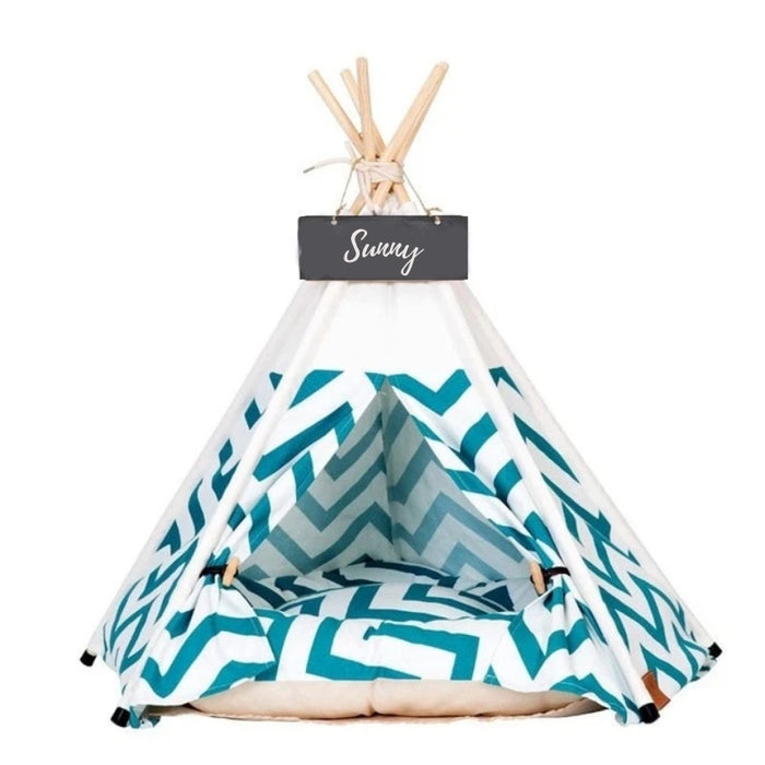 Green and White Chevron Pattern Modern Boho Dog Teepee with Plush Dog Bed Cushion