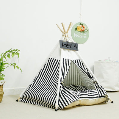 Black and White Striped Dog Teepee with Plush Dog Bed Cushion | Dog Tent | Dog Teepee | Cat Teepee | Cat Tent | Black and White Dog Teepee | Striped Dog Teepee | Stylish Dog Teepees | Best Dog Teepees | Estilo Living