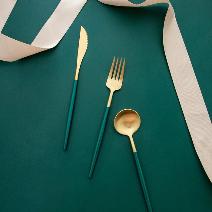 Gold and Green 24-Piece Dinnerware Cutlery Set | Flatware Sets | Metallic Cutlery Sets | Mint And Gold Cutlery | Stylish Cutlery | Modern Flatware | Elegant Flatware | Estilo Living