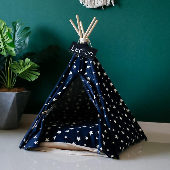Navy Blue with White Stars Canvas Cotton Modern Boho Cat Teepee with Plush Cat Bed Cushion, from Pet Teepees and Pet Accessories Collection, at Estilo Living