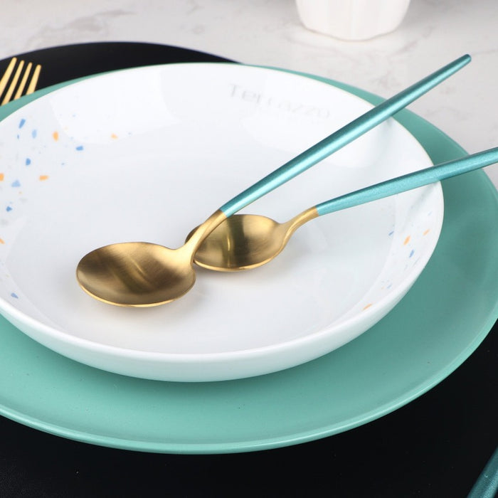 Gold and Turquoise 24-Piece Dinnerware Cutlery Set | Flatware Sets | Metallic Cutlery Sets | Mint And Gold Cutlery | Stylish Cutlery | Modern Flatware | Elegant Flatware | Estilo Living