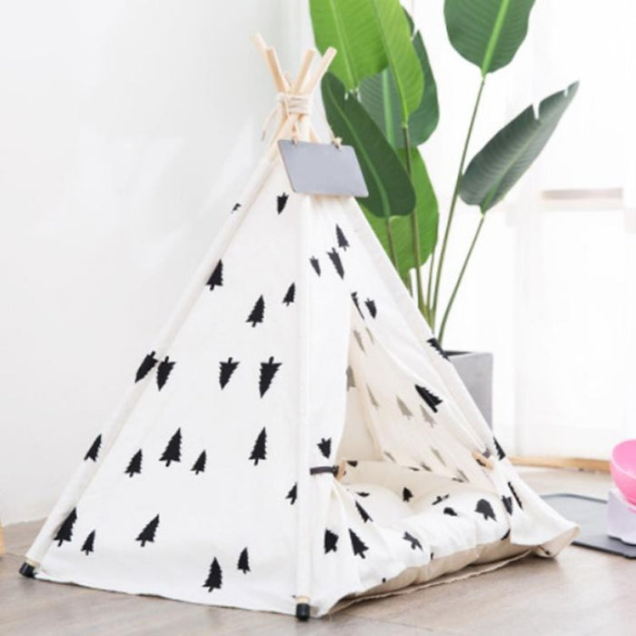 White with Black Pine Trees Canvas Cotton Modern Boho Cat Teepee with Plush Cat Bed Cushion, from Pet Teepees and Pet Accessories Collection, at Estilo Living