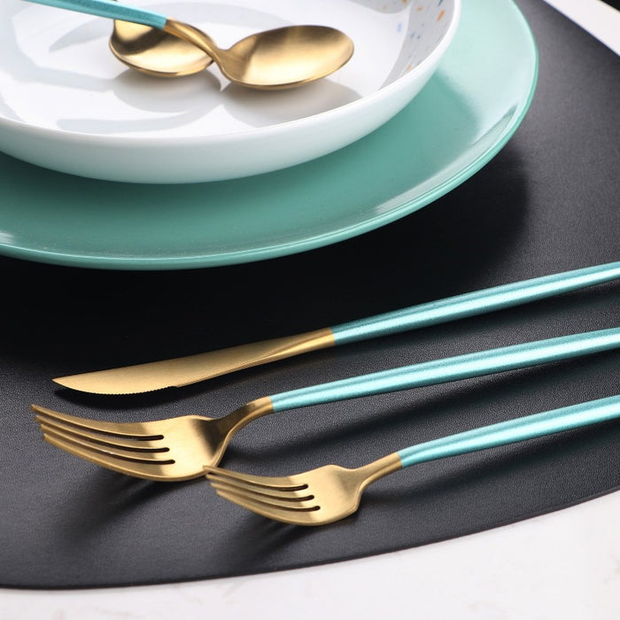 Gold and Turquoise 24-Piece Dinnerware Cutlery Set | Flatware Sets | Metallic Cutlery Sets | Mint And Gold Cutlery | Stylish Cutlery | Modern Flatware | Elegant Flatware | Estilo Living