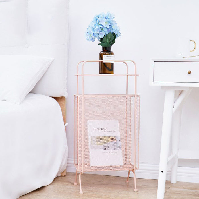 Soft Pastel Pink Iron Blair Side Table with Bookshelf and Magazine Storage, and a Top Shelf for Home Decor Display
