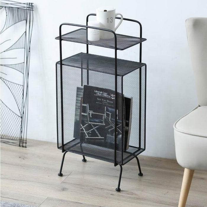Black Iron Blair Side Table with Bookshelf and Magazine Storage, and a Top Shelf for Home Decor Display