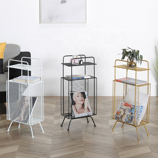 Gold, White and Black Iron Blair Side Table with Bookshelf and Magazine Storage, and a Top Shelf for Home Decor Display
