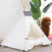 White Canvas Cotton Modern Boho Dog Teepee with Plush Dog Bed Cushion