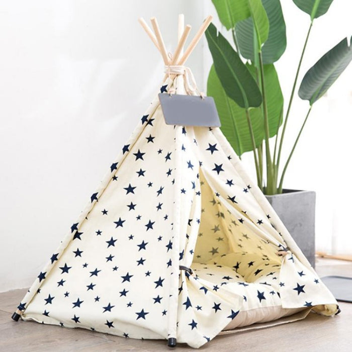 White with Navy Stars Canvas Cotton Modern Boho Cat Teepee with Plush Cat Bed Cushion, from Pet Teepees and Pet Accessories Collection, at Estilo Living