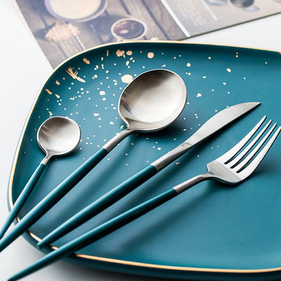 Silver and Green 24-Piece Dinnerware Cutlery Set | Flatware Sets | Metallic Cutlery Sets | Mint And Gold Cutlery | Stylish Cutlery | Modern Flatware | Elegant Flatware | Estilo Living