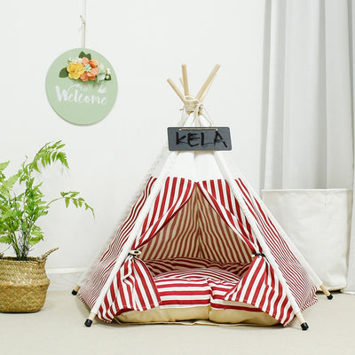 Candy Stripes Dog Teepee with Plush Dog Bed Cushion | Dog Tent | Dog Teepee | Cat Teepee | Cat Tent | Red and White Dog Teepee | Striped Dog Teepee | Stylish Dog Teepees | Best Dog Teepees | Estilo Living